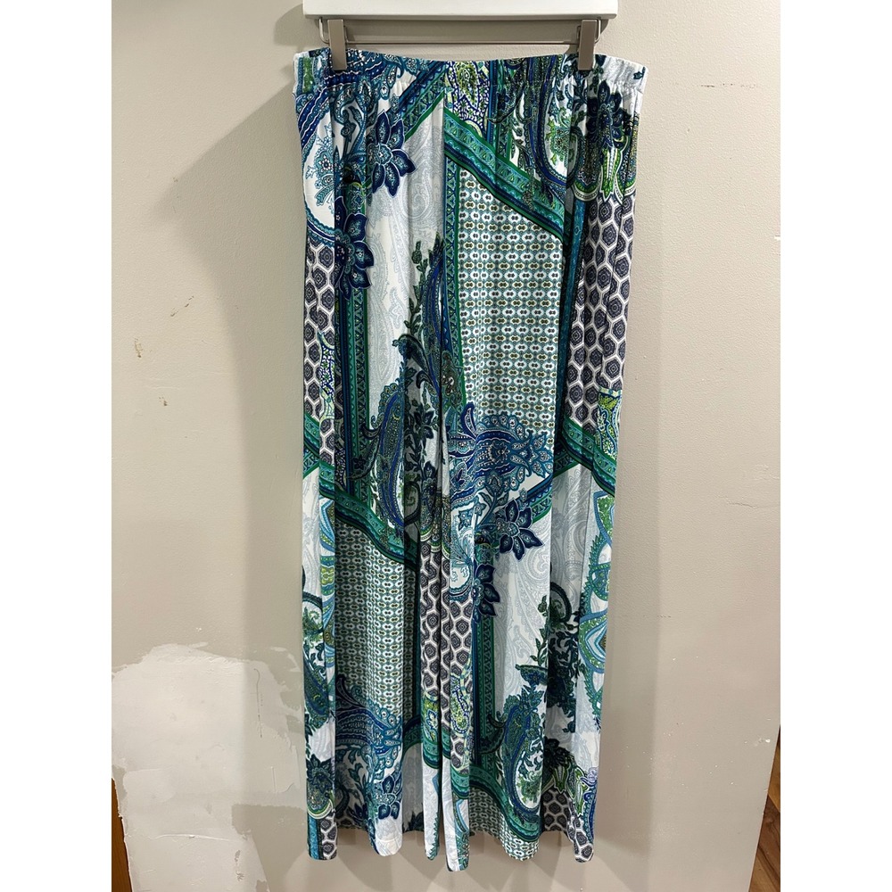 Chicos Blue Green Paisley Wide Leg Pull On Pants Size 2 XL Stretch Jersey Knit